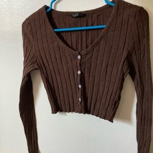 SHEIN Chocolate Brown Ribbed Button Down Top